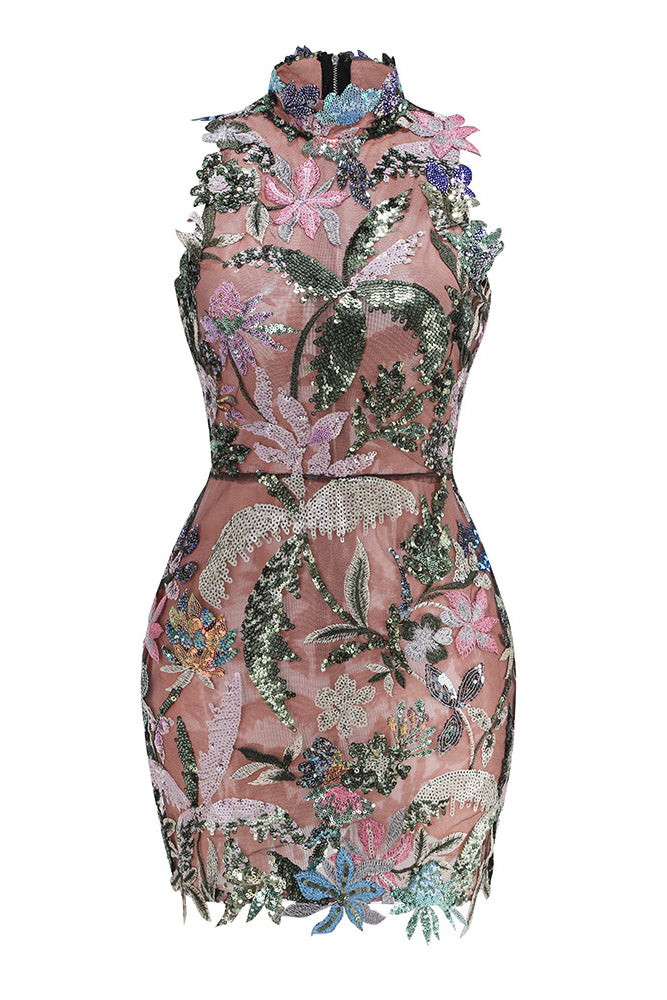 Designer Floral Sequin & Embroidered Mini Dress