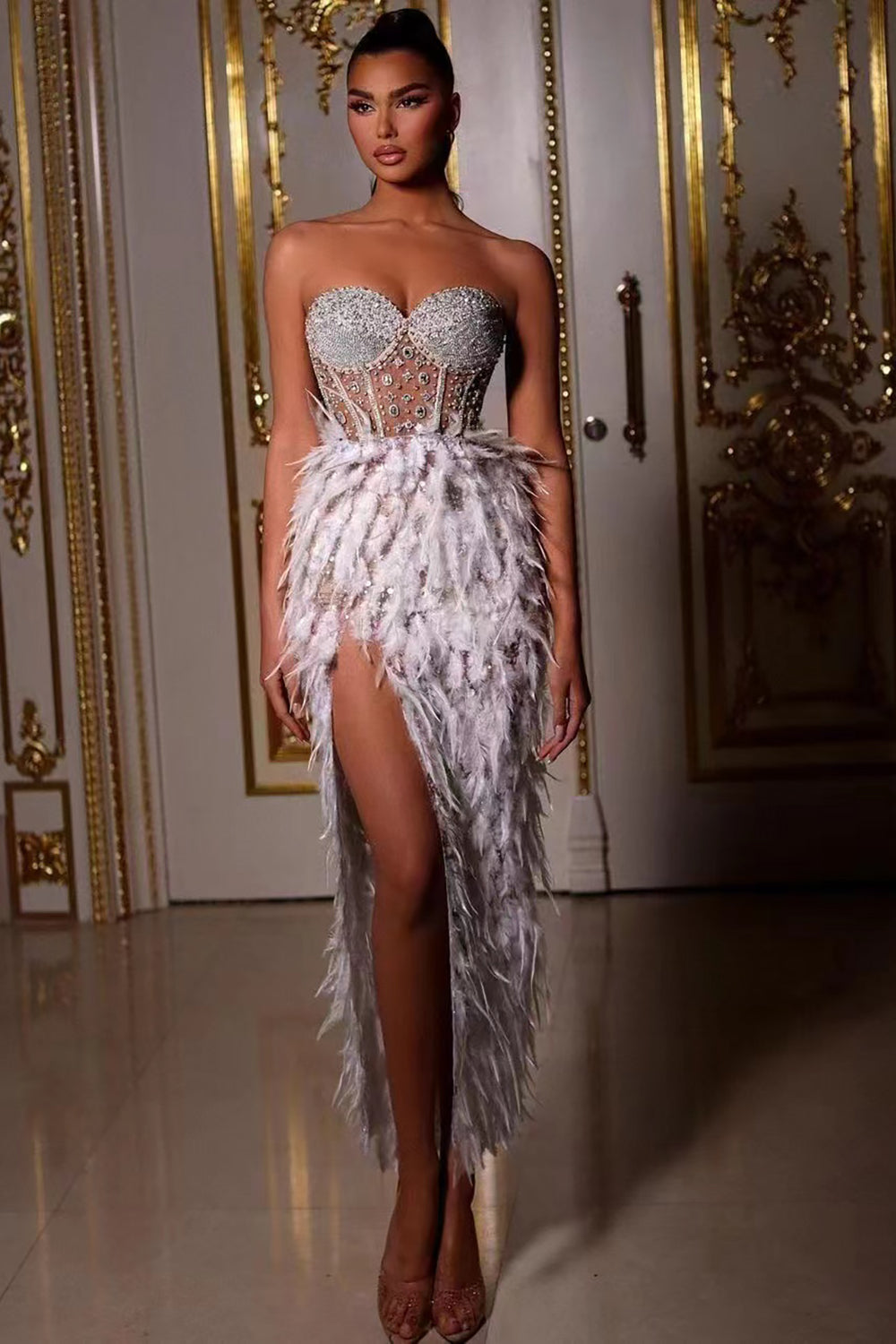 Feather Embellished Bustier Dress