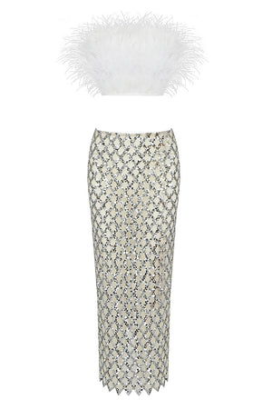 Luxury Strapless Feathered Top And Sheer Sequins Midi Skirt