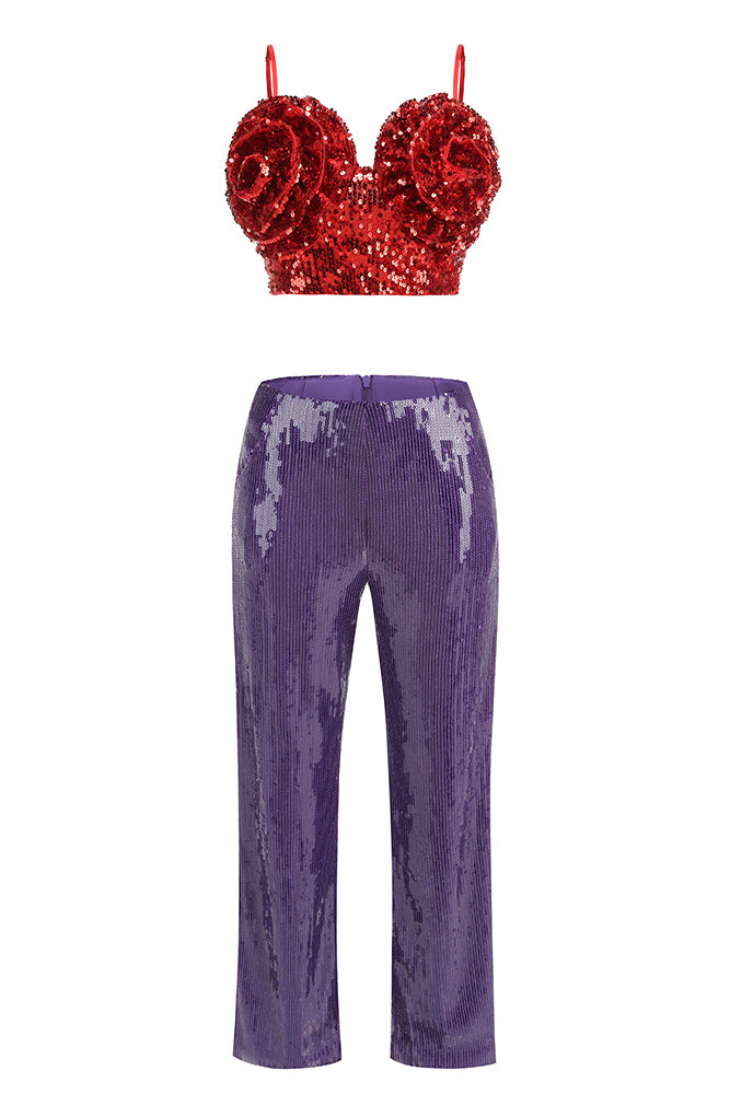 3D Floral Sequin Top and Trousers