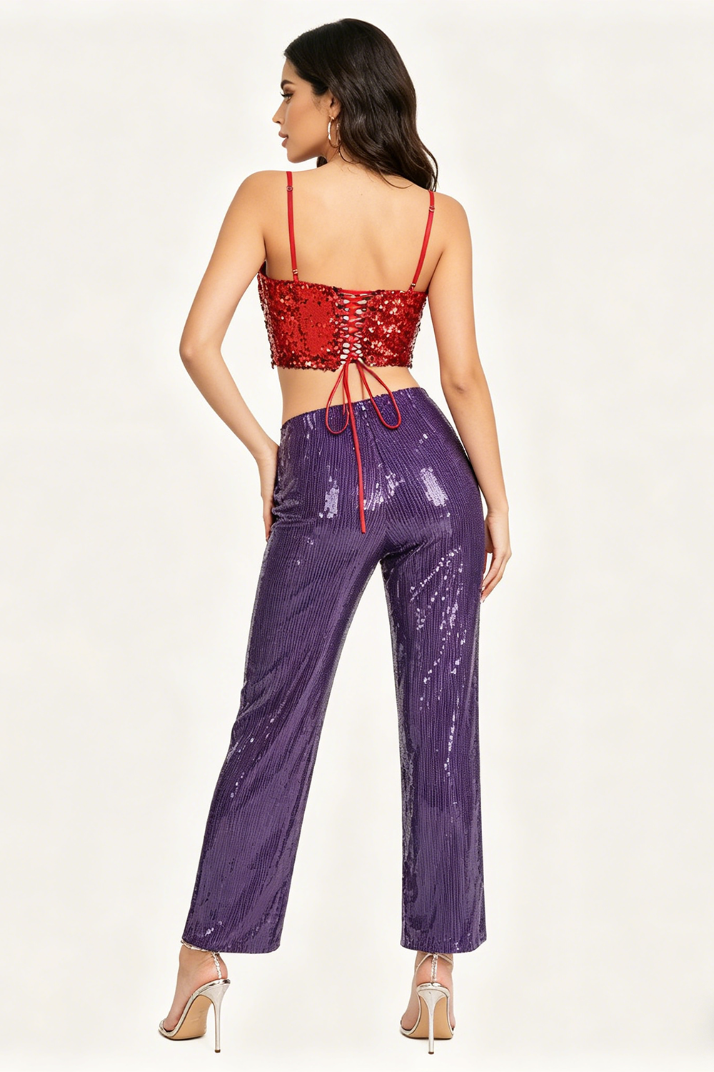 3D Floral Sequin Top and Trousers in Burgundy & Purple