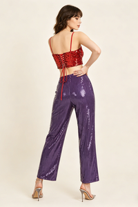 3D Floral Sequin Top and Trousers in Burgundy & Purple