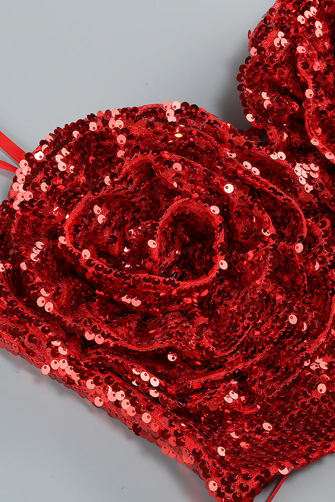 3D Floral Sequin Top and Trousers in Burgundy & Purple