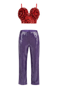 3D Floral Sequin Top and Trousers in Burgundy & Purple