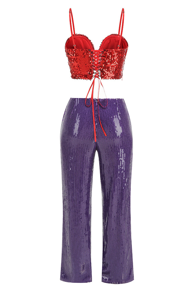 3D Floral Sequin Top and Trousers in Burgundy & Purple