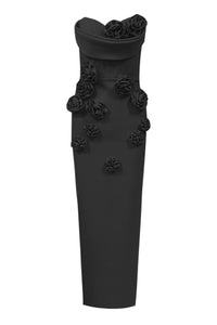 3D Floral Strapless Midi Dress in Black - CHICIDA