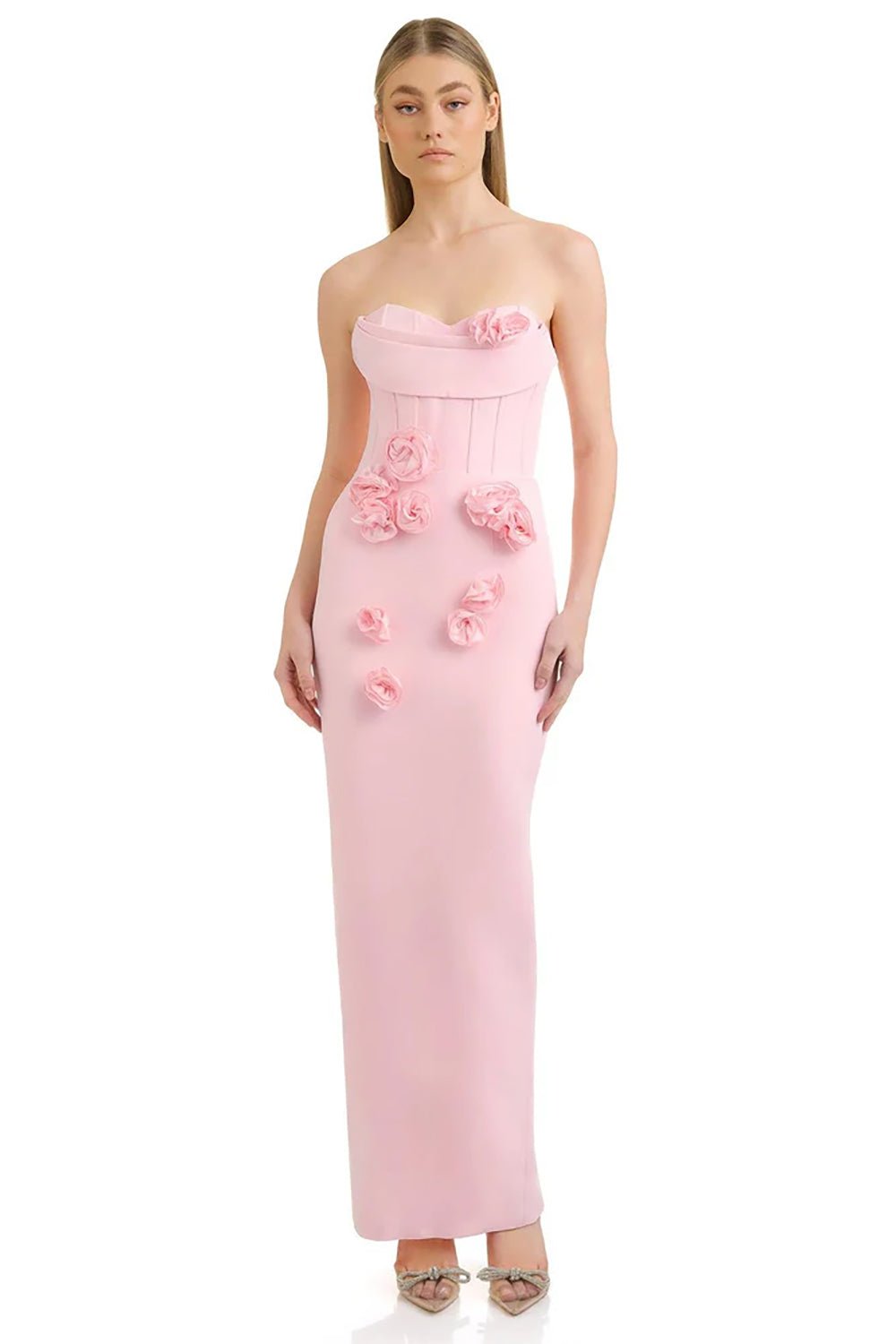 3D Floral Strapless Midi Dress in Pink CHICIDA 3D Floral Strapless Midi Dress in Pink CHICIDA