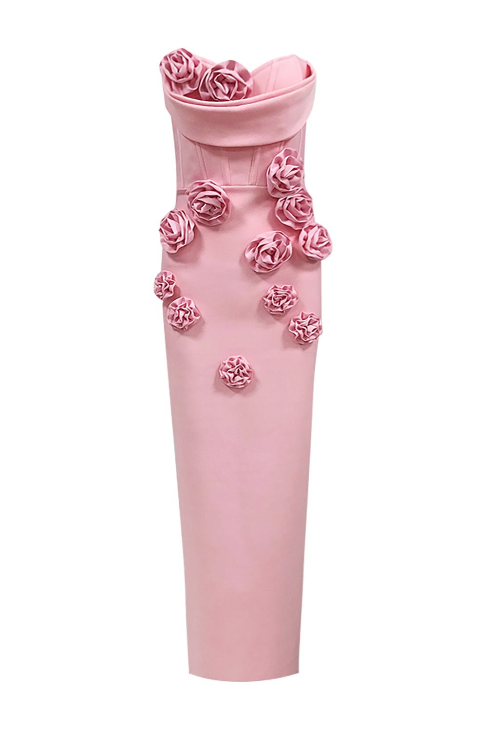 3D Floral Strapless Midi Dress in Pink - CHICIDA