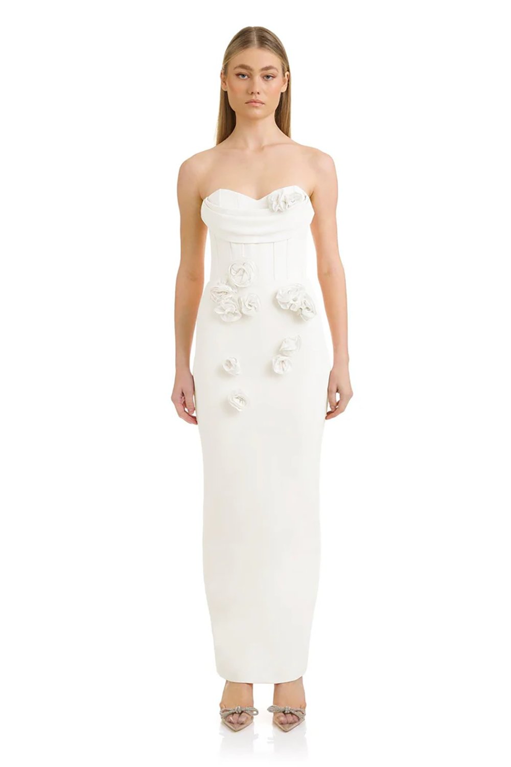 3D Floral Strapless Midi Dress in White - CHICIDA