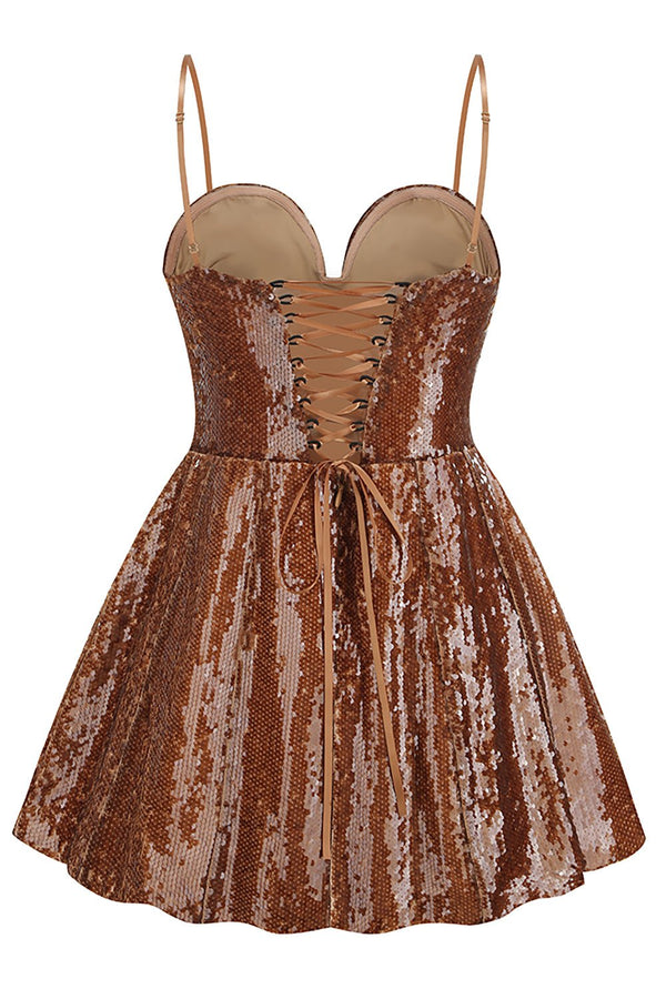 3d Flower Corset Sequin A Line Mini Dress in Brown - CHICIDA