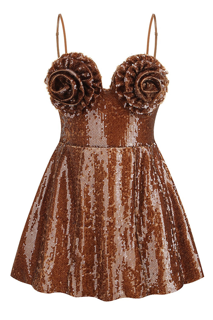 3d Flower Corset Sequin A Line Mini Dress in Brown - CHICIDA