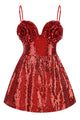 3d Flower Corset Sequin A Line Mini Dress in Burgundy - CHICIDA