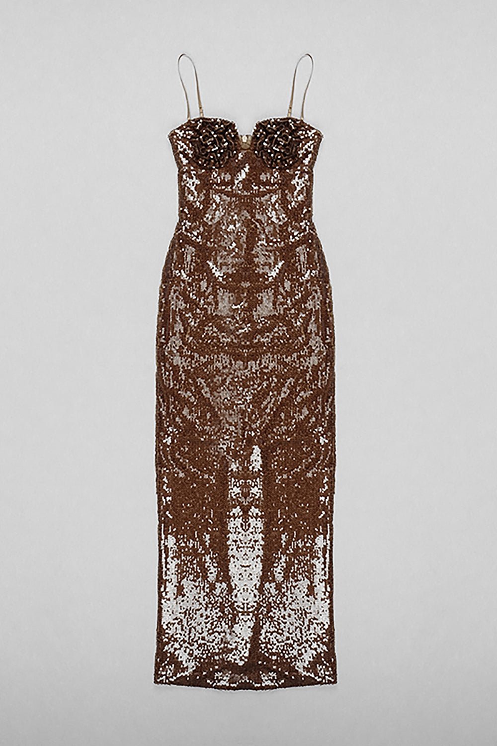 3D Flower Sequin Slip Maxi Dress in Brown Burgundy Beige - CHICIDA