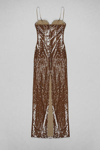 3D Flower Sequin Slip Maxi Dress in Brown Burgundy Beige - CHICIDA