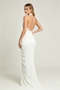 Halter Cascade Drape Maxi Dress in White