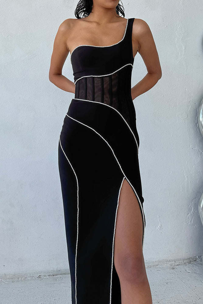 Asymmetric Crystal Trim Bandage Gown