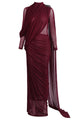 Asymmetric Draped Cape Maxi Dress in Burgundy