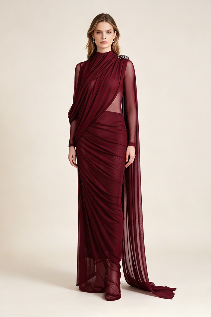 Asymmetric Draped Cape Maxi Dress in Burgundy
