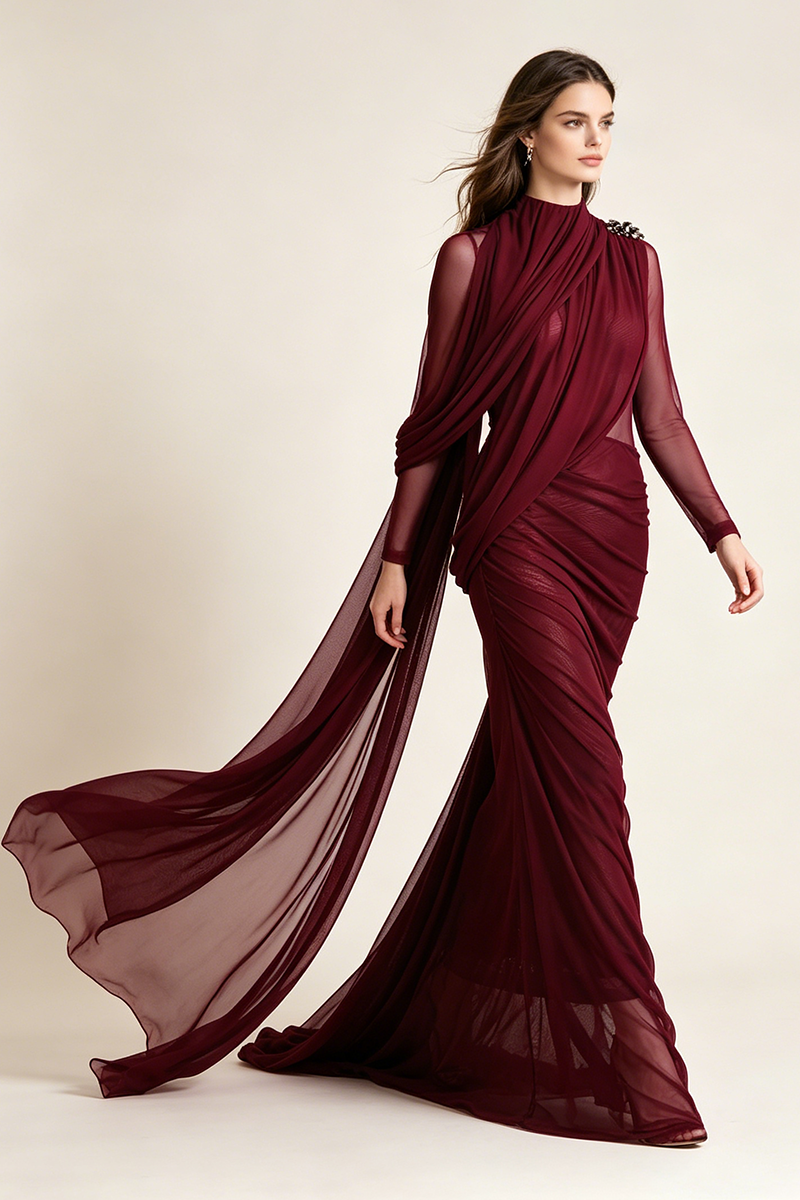 Asymmetric Draped Cape Maxi Dress in Burgundy CHICIDA Asymmetric Draped Cape Maxi Dress in Burgundy CHICIDA