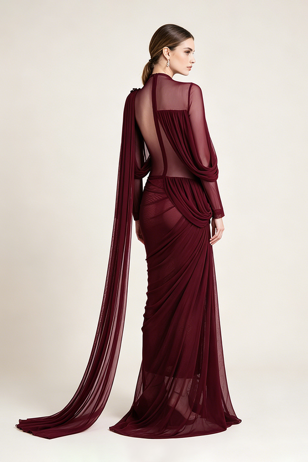 Asymmetric Draped Cape Maxi Dress in Burgundy
