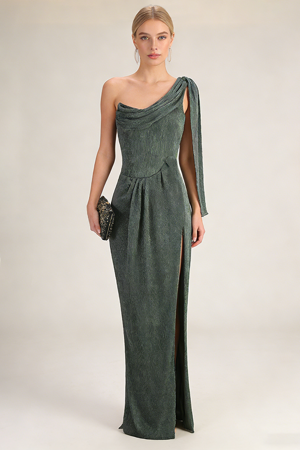 Asymmetric Ruched Textured Gown