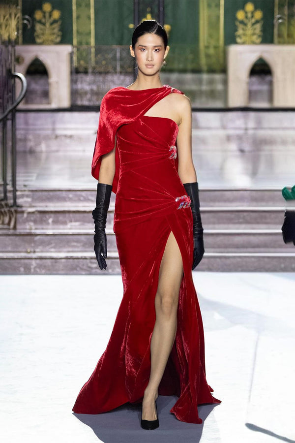 Asymmetrical Caplet Velvet Gown