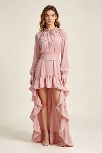 Asymmetrical Ruched Maxi Dress in Pink