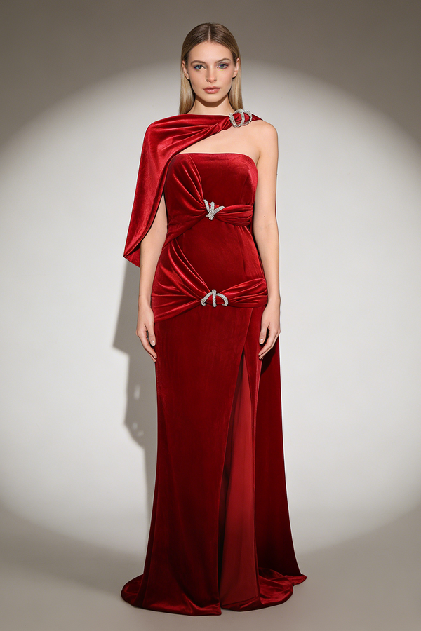 Asymmetrical Caplet Velvet Gown