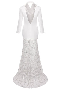 Backless Crystal Sequin-embellished Blazer Lace Maxi Skirt