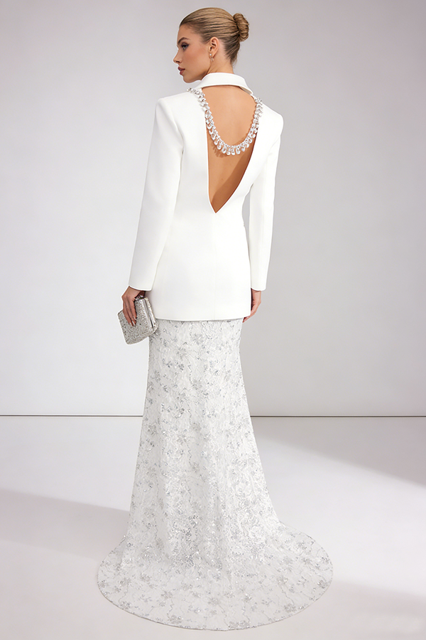Backless Crystal Sequin-embellished Blazer Lace Maxi Skirt