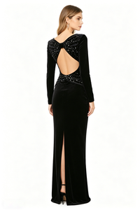 Backless Crystal Velvet Gown in Black