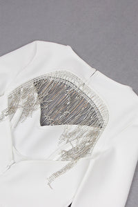 Robe de soirée dos nu à pampilles en cristal ajouré en blanc