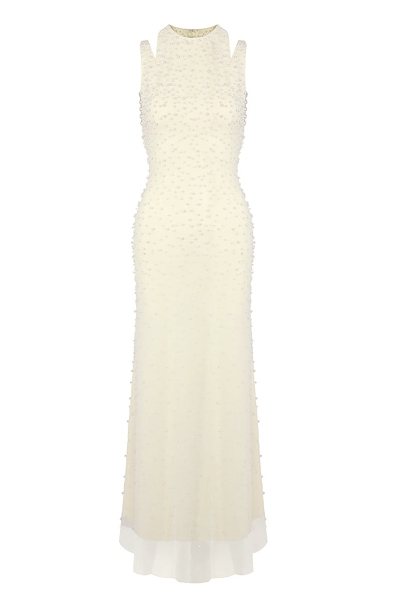 Backless Pearl-Embellished Maxi Dress in White