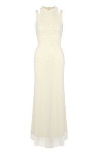 Backless Pearl-Embellished Maxi Dress in White