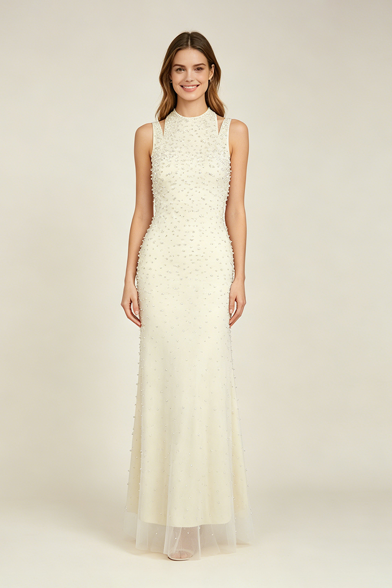 Backless Pearl-Embellished Maxi Dress in White