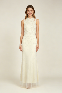 Backless Pearl-Embellished Maxi Dress in White