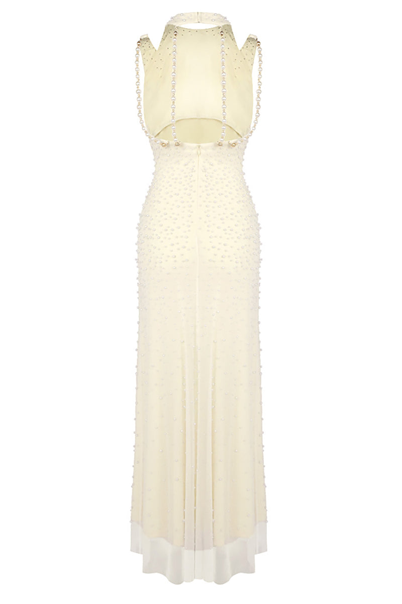 Backless Pearl-Embellished Maxi Dress in White