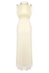 Backless Pearl-Embellished Maxi Dress in White