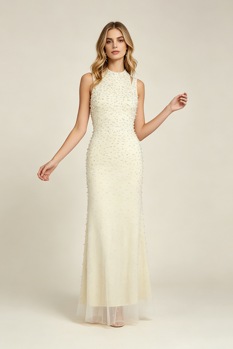 Backless Pearl-Embellished Maxi Dress in White