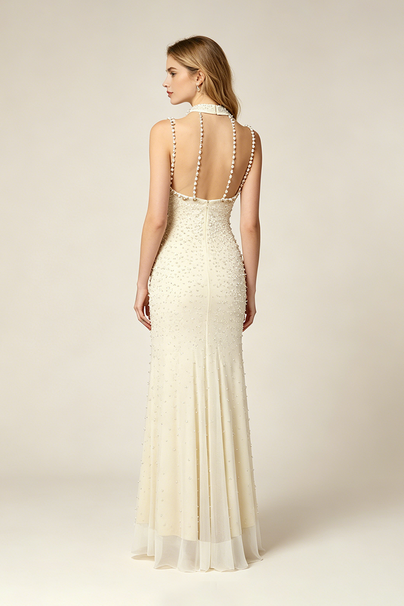 Backless Pearl-Embellished Maxi Dress in White
