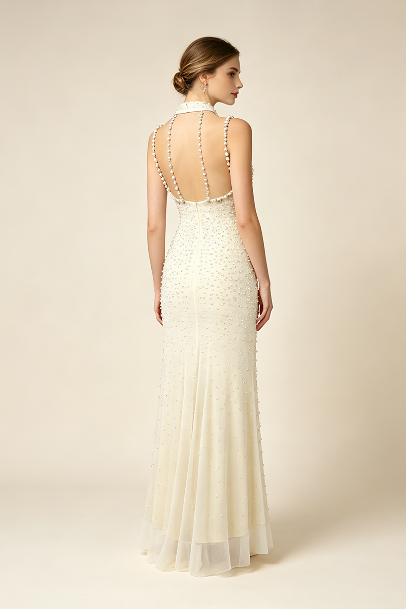 Backless Pearl-Embellished Maxi Dress in White – CHICIDA