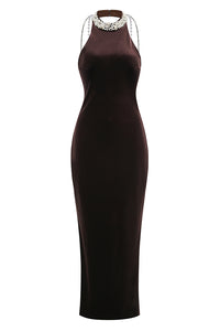Backless Pearl Velvet Maxi Dress in Brown