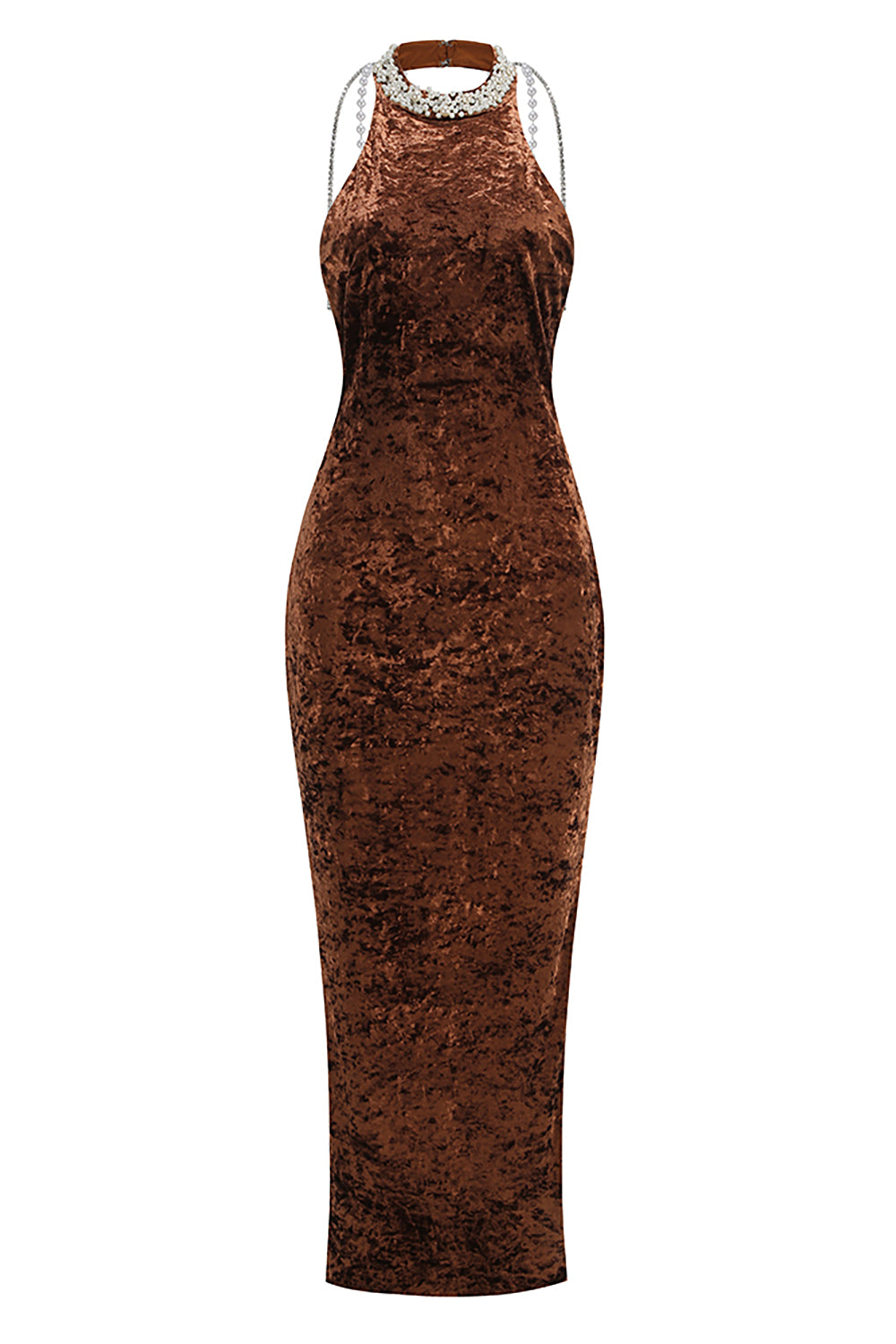 Backless Pearl Velvet Maxi Dress in Bronze