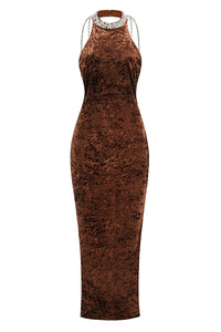 Backless Pearl Velvet Maxi Dress in Bronze