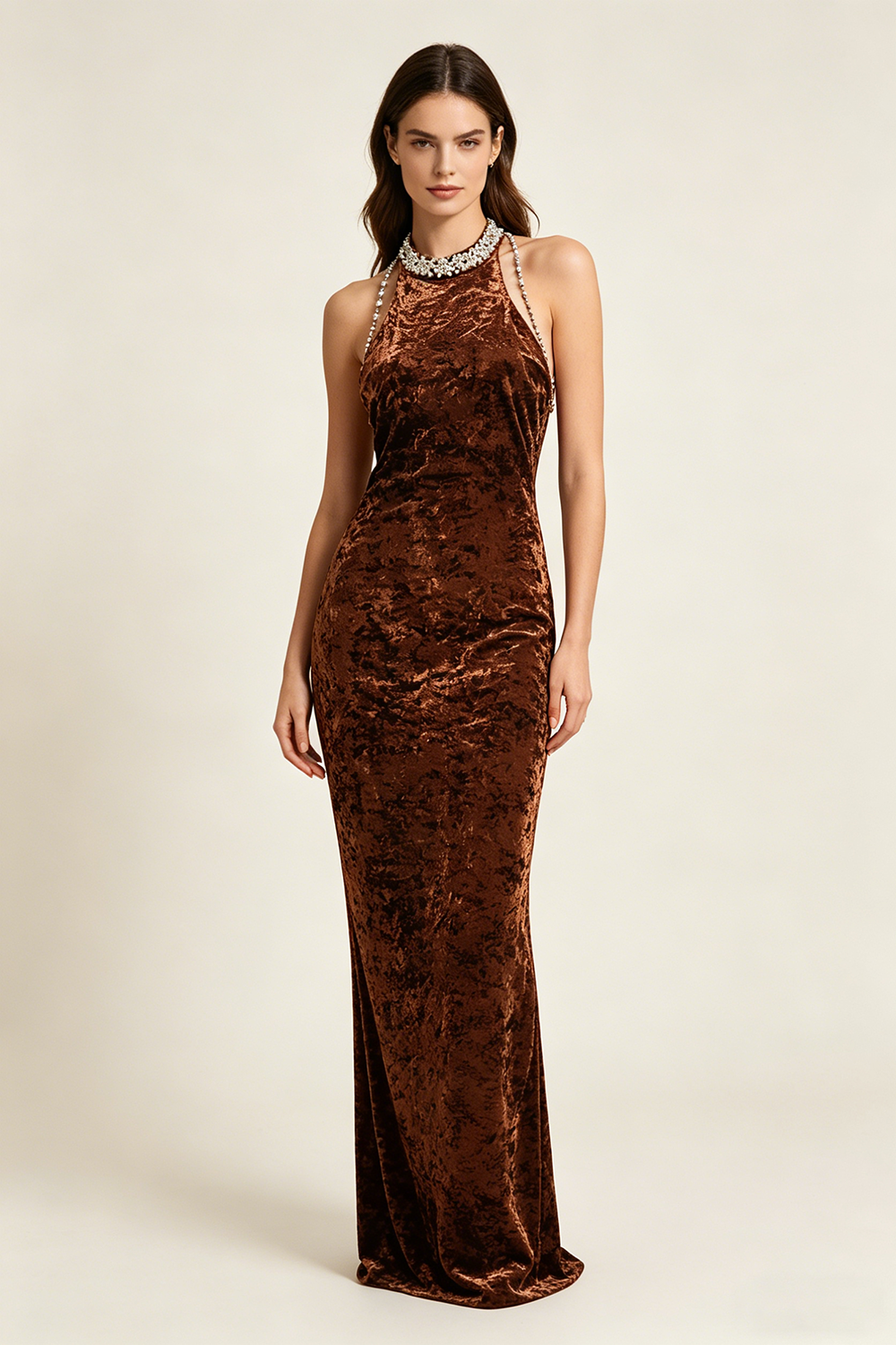 Backless Pearl Velvet Maxi Dress in Bronze