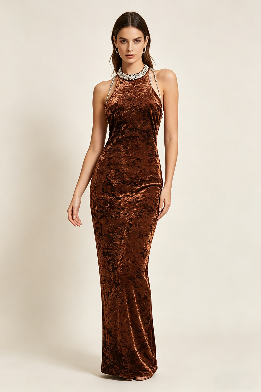 Backless Pearl Velvet Maxi Dress in Bronze
