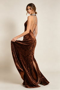 Backless Pearl Velvet Maxi Dress in Bronze