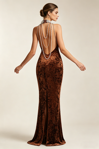 Backless Pearl Velvet Maxi Dress in Bronze