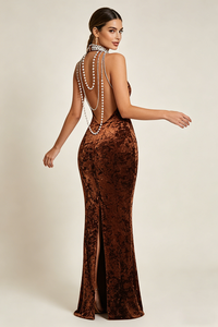 Backless Pearl Velvet Maxi Dress in Bronze