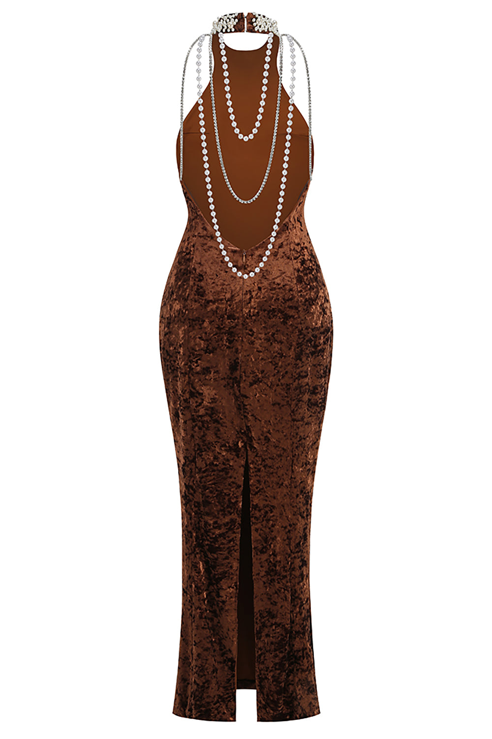 Backless Pearl Velvet Maxi Dress in Bronze